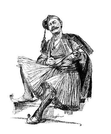 Victorian engraving of a traditional Greek musician. Digitally restored image from a mid-19th century Encyclopaedia.の写真素材
