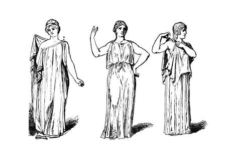 Victorian engraving of a  Classical Greek female dress. Digitally restored image from a mid-19th century Encyclopaedia.の写真素材