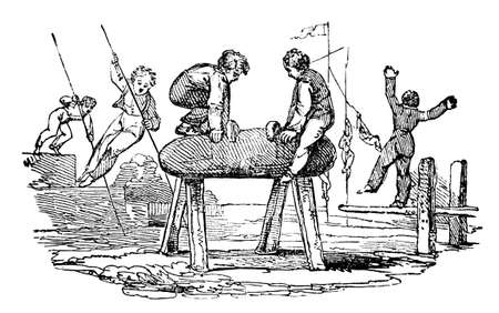 19th century engraving of boys doing gymnasticsの写真素材