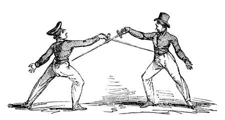 19th century engraving of a fencing matchの写真素材