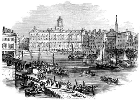 Victorian engraving of Amsterdam. Digitally restored image from a mid-19th century Encyclopaedia.の写真素材