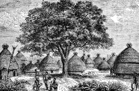 Victorian engraving of an indigenous African villageの写真素材
