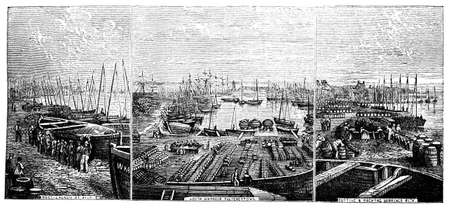 19th century engraving of the docks at Wick, Scotlandの写真素材
