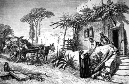 19th century engraving of a village scene, Naples, Italy, photographed from a book  titledの写真素材