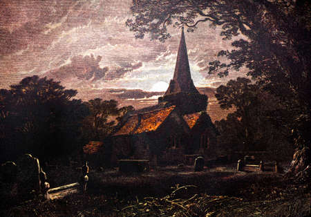 19th century engraving of a village church, Englandの写真素材