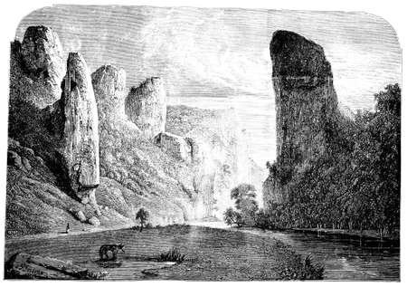 19th century engraving of Dovedale valley, Peak District, UKの写真素材