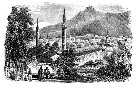 Victorian engraving of Bursa, Turkey. Digitally restored image from a mid-19th century Encyclopaedia.の写真素材