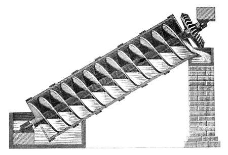 19th century engraving of Archimedes\' screw water transportの写真素材