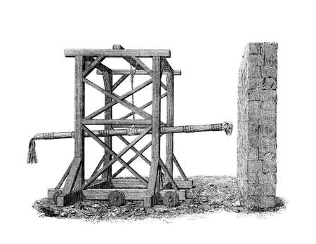 Victorian engraving of a medieval battering ram. Digitally restored image from a mid-19th century Encyclopaedia.の写真素材
