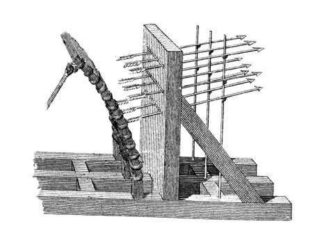 Victorian engraving of a medieval ballista. Digitally restored image from a mid-19th century Encyclopaedia.の写真素材