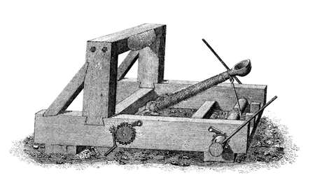 Victorian engraving of a medieval catapult. Digitally restored image from a mid-19th century Encyclopaedia.の写真素材