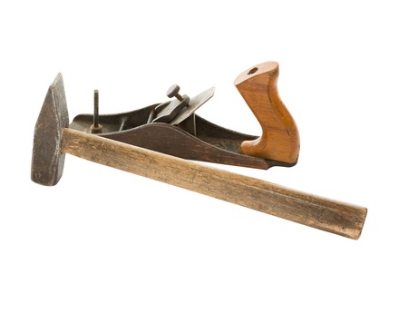 Hammer and plane on a white backgroundの写真素材