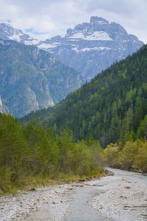 April view of the landscape in the Dolomites from below
