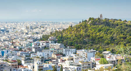 View of Athens and the Hill of the Muses (Philopappos Hill) in horizontal formatの写真素材