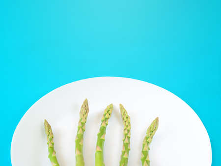 Stems of green asparagus on a white plate with copyspaceの写真素材