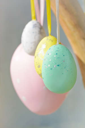 View of speckled Easter eggs decoration in pastel colors
