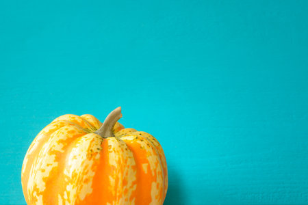 Turquoise background with part of an orange mottled pumpkinの写真素材