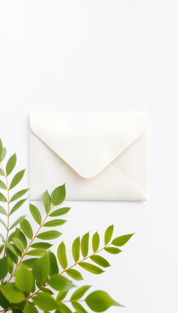Light background with copy space white envelope and blurred green leavesの写真素材