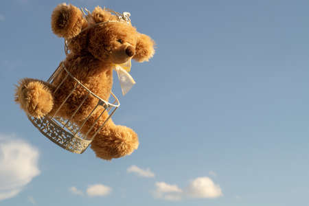 Teddy bear in a cage against the skyの写真素材