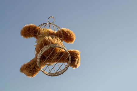 Teddy bear in a cage against the skyの写真素材