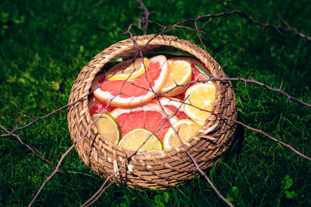 Art composition of isolated citrus slices in a wicker basketの写真素材