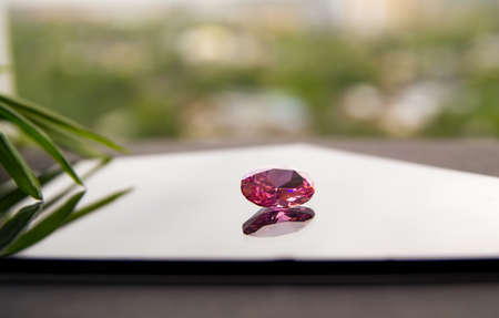 Pink gemstone reflected in glass against leaves and blurred background