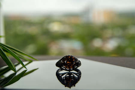 Pink gemstone reflected in glass against leaves and blurred backgroundの写真素材