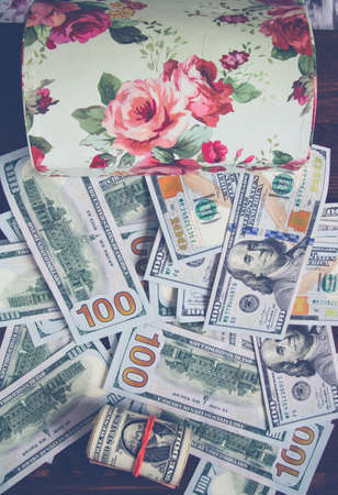 Cash banknotes and coins background. Background of Russian money banknotes. Paper rubles and coins background.の写真素材
