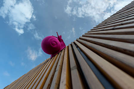 Large pink plastic snail crawling on wooden planks against the skyの写真素材