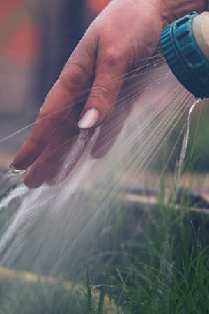 Girl watering her hand under a garden tap over green grassの写真素材