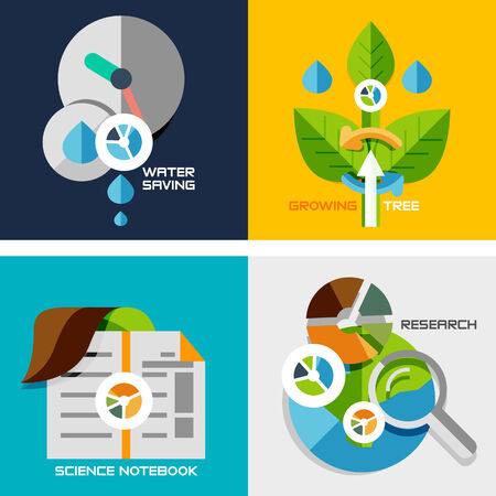 Set of flat design concepts - nature research. Water saving, plant growth, science notebook, research,のイラスト素材