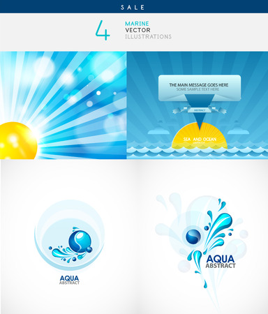 Marine and aqua illustrations collection - blue sky and yellow sun, sea, ocean, and water drop symbolのイラスト素材