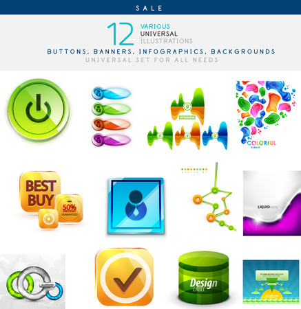 Various vector illustrations set for universal use: buttons, banners, infographics, colorful background, wave abstraction, geometric design, glass cylindre, nature marine backgroundのイラスト素材