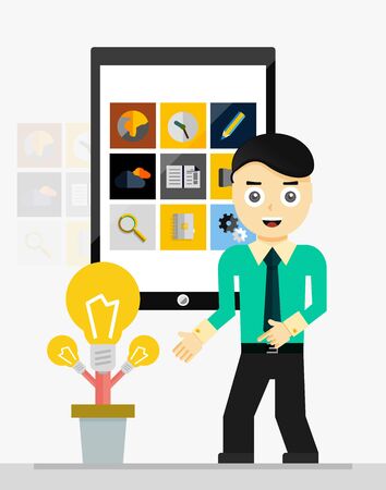 Mobile app startup idea. Young businessman showing growing plant of light bulbsのイラスト素材