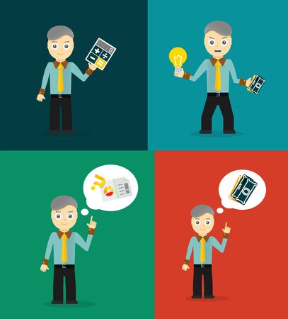 Set of cute cartoon young businessmen. Idea concept and finance report graphのイラスト素材