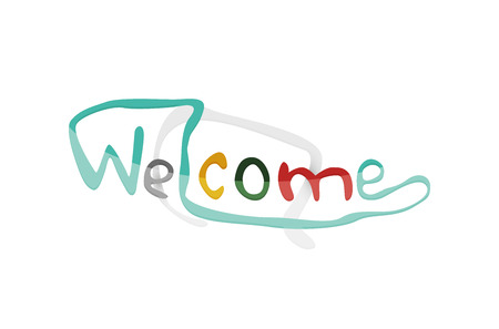 Welcome word, drawn lettering typographic design element. Hand lettering, handmade calligraphy isolatedのイラスト素材