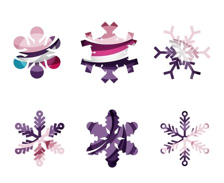 Set of abstract colorful snowflake logo icons, winter concepts, clean modern geometric design. Created with transparent abstract linesのイラスト素材