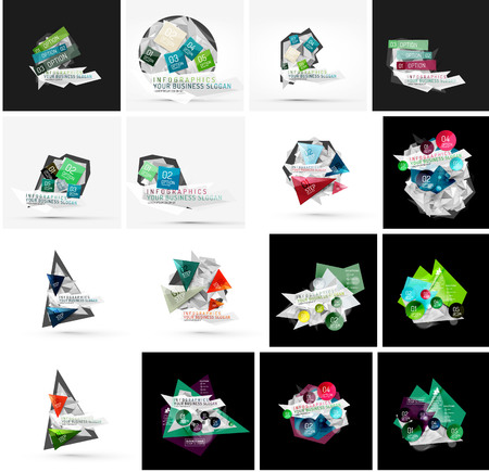 Set of various universal geometric layouts - backgrounds banner advertising layouts - templates, identity. Square, triangle, wave circle or swirl shape designのイラスト素材