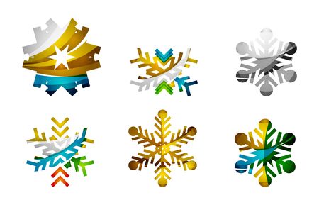 Set of abstract colorful snowflake logo icons, winter concepts, clean modern geometric design. Created with transparent abstract linesのイラスト素材