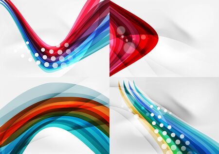 Set of abstract backgrounds. Curve wave lines with light and shadow effects, rainbow style stripes and flaresのイラスト素材