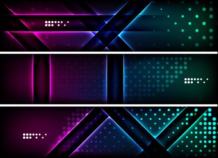 Set of banner, header backgrounds with place for your message. Glowing color neon light lines in dark space. Advertising layouts.のイラスト素材
