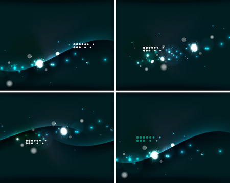 Set of abstract backgrounds with copyspace. Glowing color neon light in dark space. Banner advertising layouts - colorful templates and wallpapersのイラスト素材