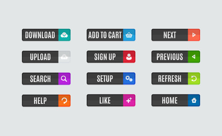 Set of modern flat design website navigation buttons. Rectangle shape. Help like search download upload setup sign up add to cart next previous refresh home iconsのイラスト素材