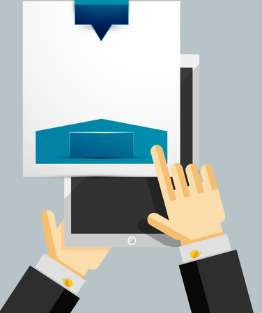 Businessman hands on mobile tablet with web dialog box. Communication, mobility or internet service conceptのイラスト素材