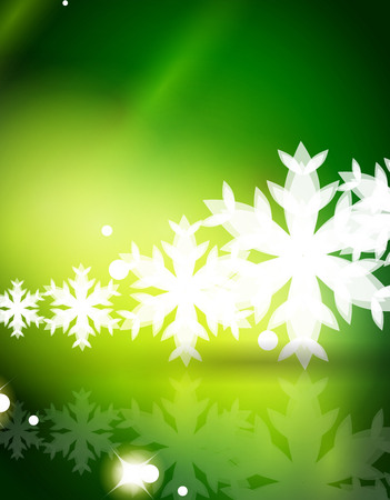 Christmas green color abstract background with white transparent snowflakes. Holiday winter template, New Year layoutのイラスト素材