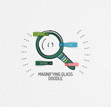 Vector multicolored hand-drawn doodles, icon, stamp. Magnifying glass concept. Drawingのイラスト素材