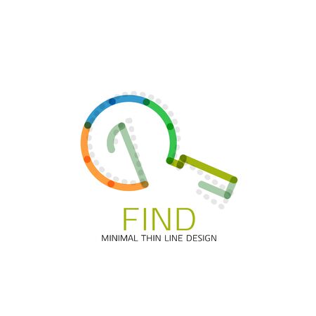 Vector thin line design magnifying glass, search and find or zoom type concept. Linear minimalistic business icon made of multicolored segmentsのイラスト素材