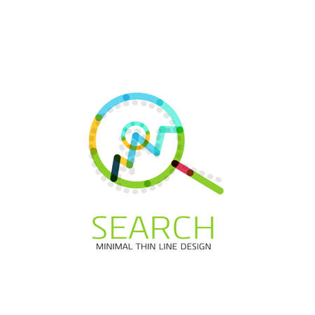 Vector thin line design magnifying glass, search and find or zoom type concept. Linear minimalistic business icon made of multicolored segmentsのイラスト素材