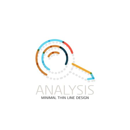 Vector thin line design logo magnifying glass, search and find or zoom logotype concept. Linear minimalistic business icon made of multicolored segmentsのイラスト素材