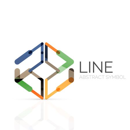 Linear abstract logo, connected multicolored segments of lines geometrical figure. Vector wire business icon isolated on whiteのイラスト素材
